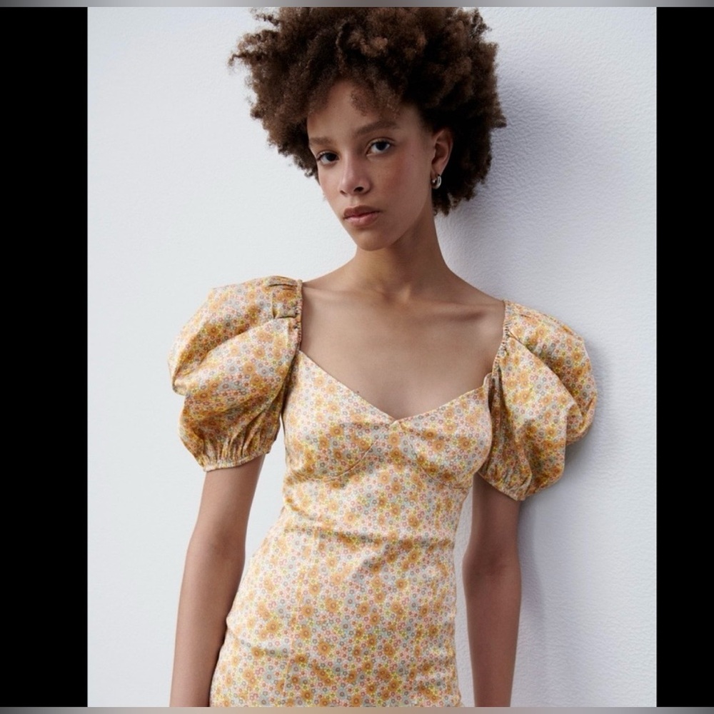 Zara Satin Effect Floral Printed Puff Sleeve Mini Dress Sz Medium - Picture 4 of 12